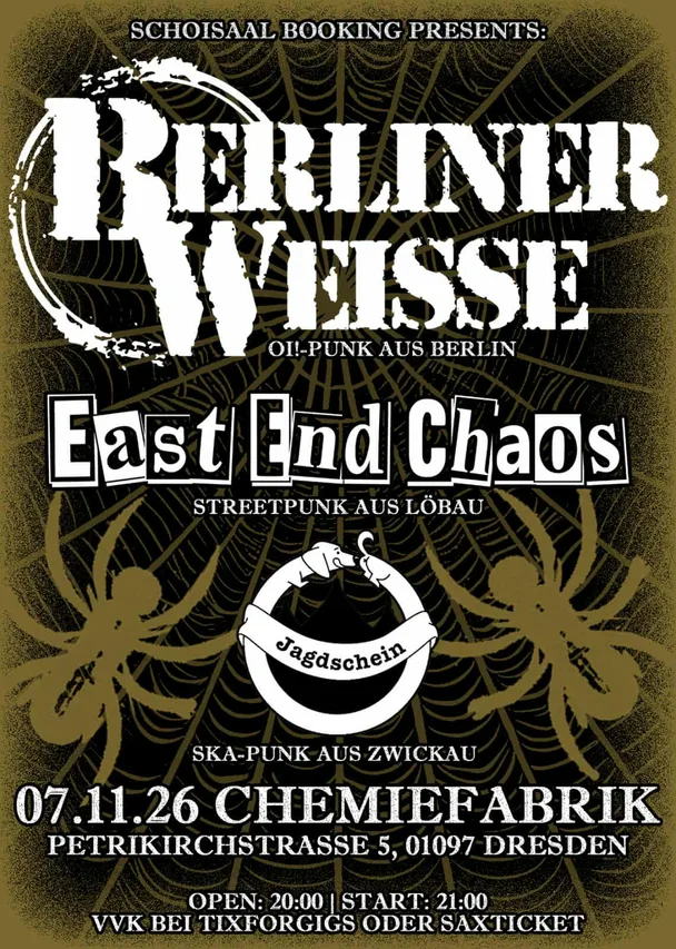 Flyer für BERLINER WEISE, EAST END CHAOS, JAGDSCHEIN