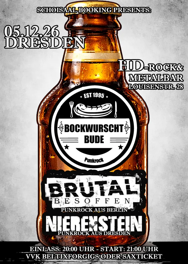 Flyer für BOCKWURSCHTBUDE, BRUTAL BESOFFEN, NIERENSTEIN