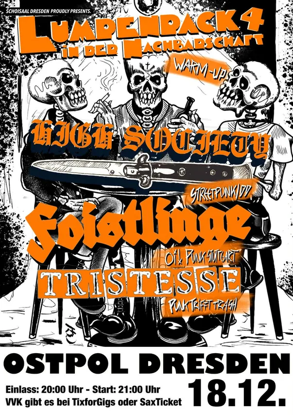 Flyer für WARM-UP LUMPENPACK: FOISTLINGE, HIGH SOCIETY, TRISTESSE
